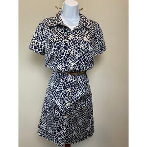 Charter Club White Navy Animal Print Shirt Dress Size 10 100% Cotton